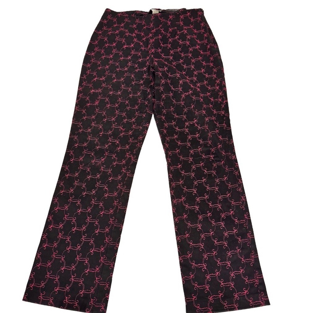 Bamboo Traders Pants Women 10 Black Pink Embroidered Straight Leg Swirl Pattern